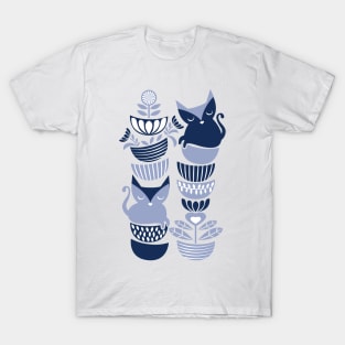 Swedish folk cats III // pale and navy blue kitties and bowls T-Shirt